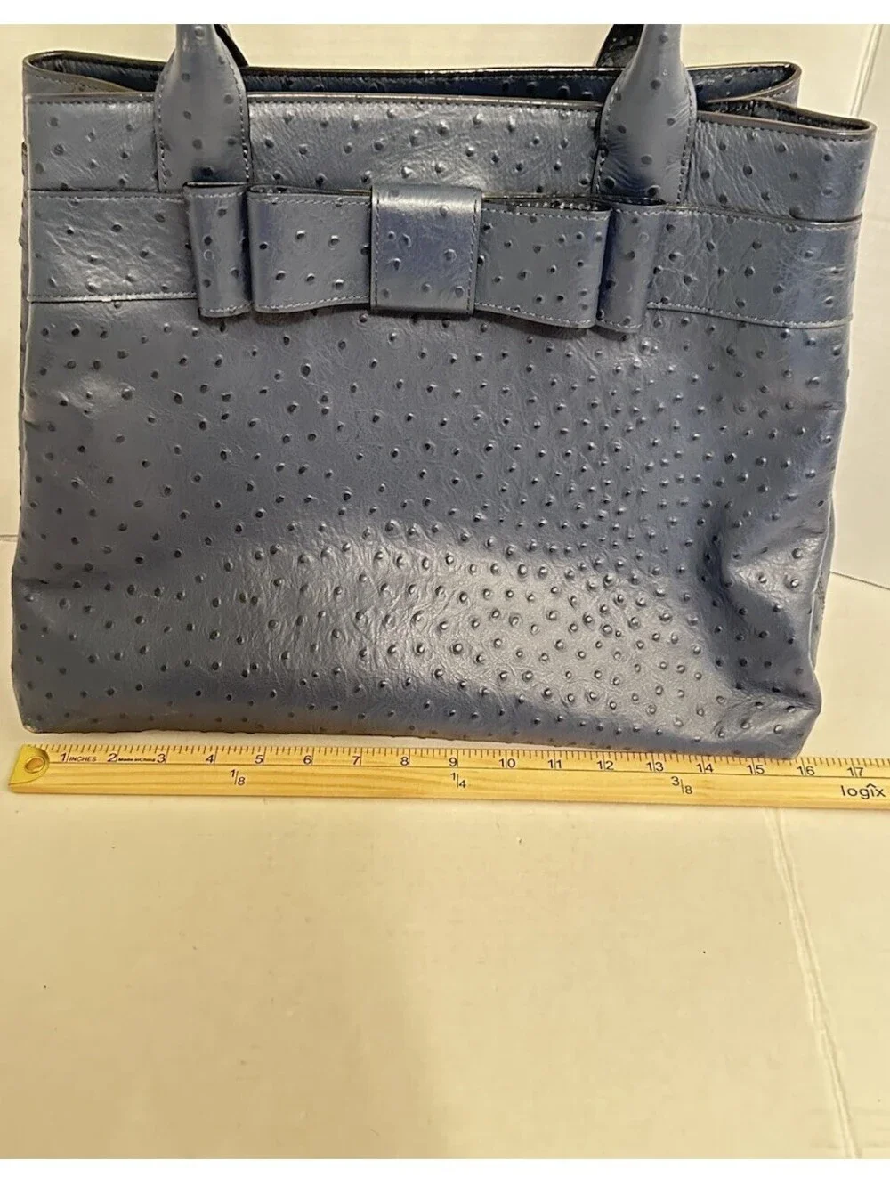 Kate Spade Diehl Blue Ostrich Embossed Leather Bow Tote Shoulder Bag